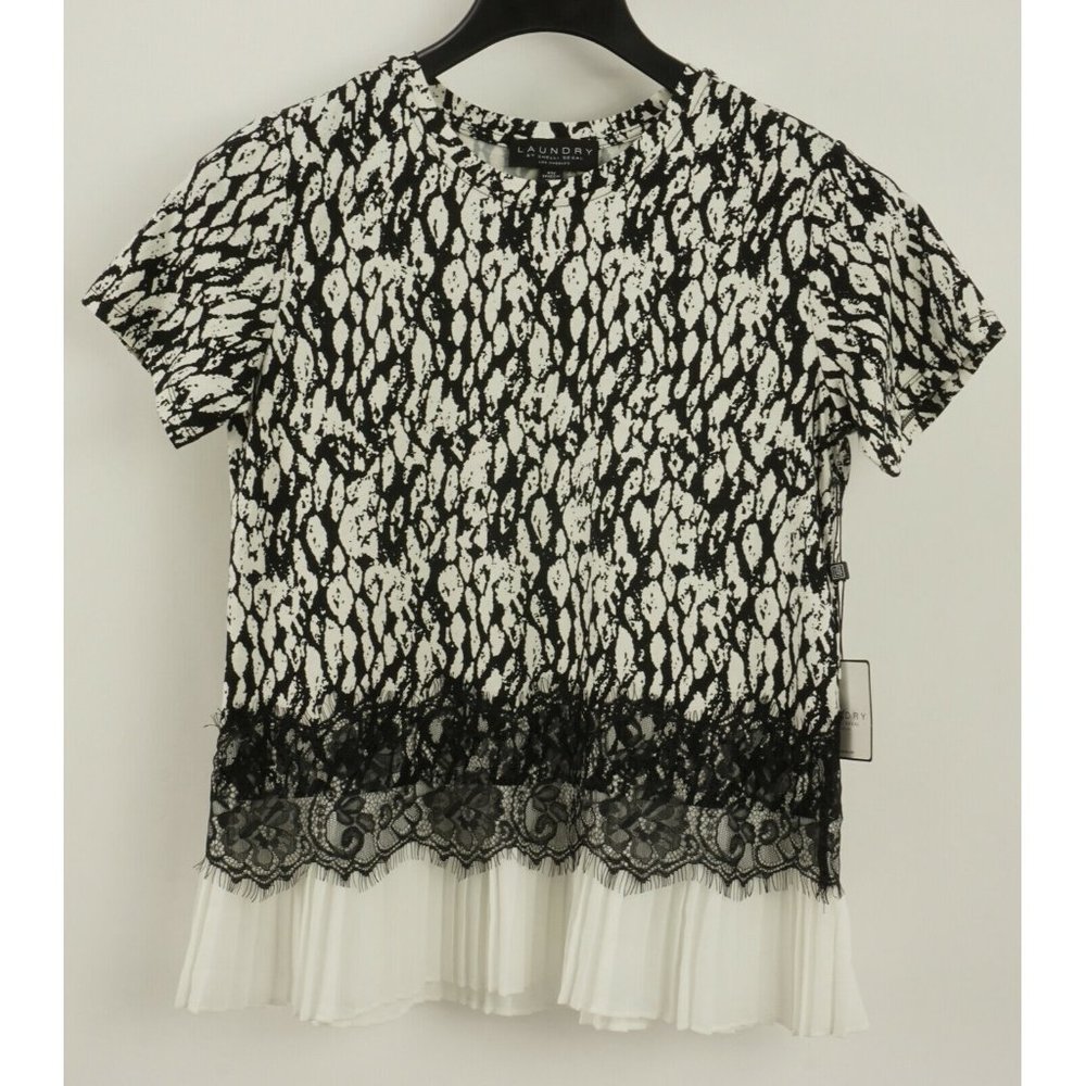 New Laundry Shelli Segal Women's XS White Black Snake Lace & Crepe Trim Crew Top